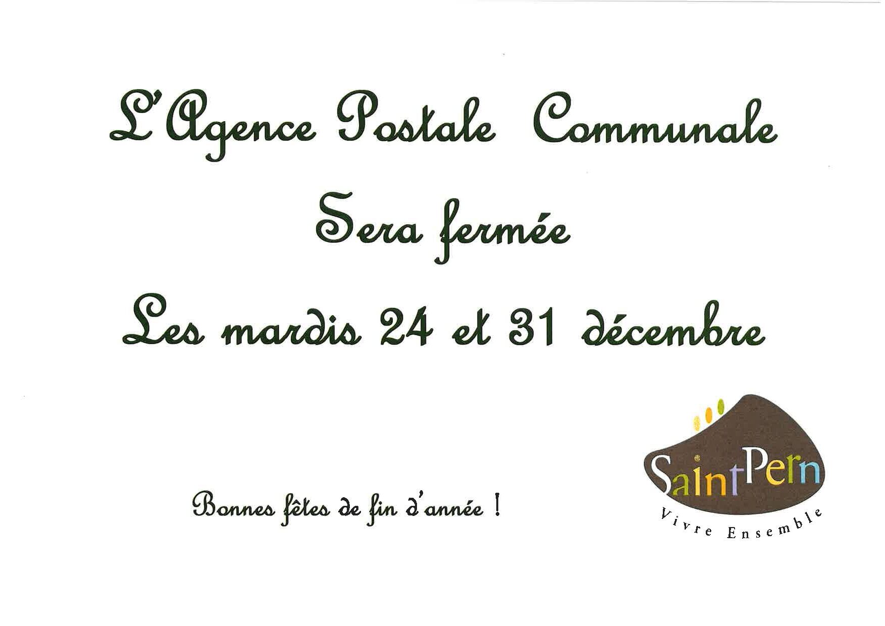 FERMETURE AGENCE POSTALE 24 ET 31 DECEMBRE