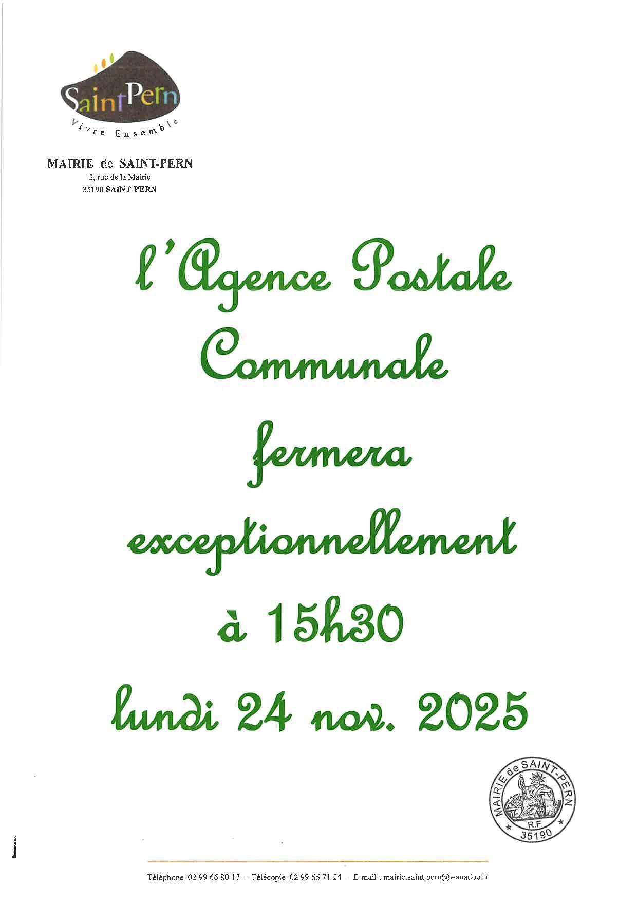 FERMETURE EXCEPTIONNELLE AGENCE POSTALE