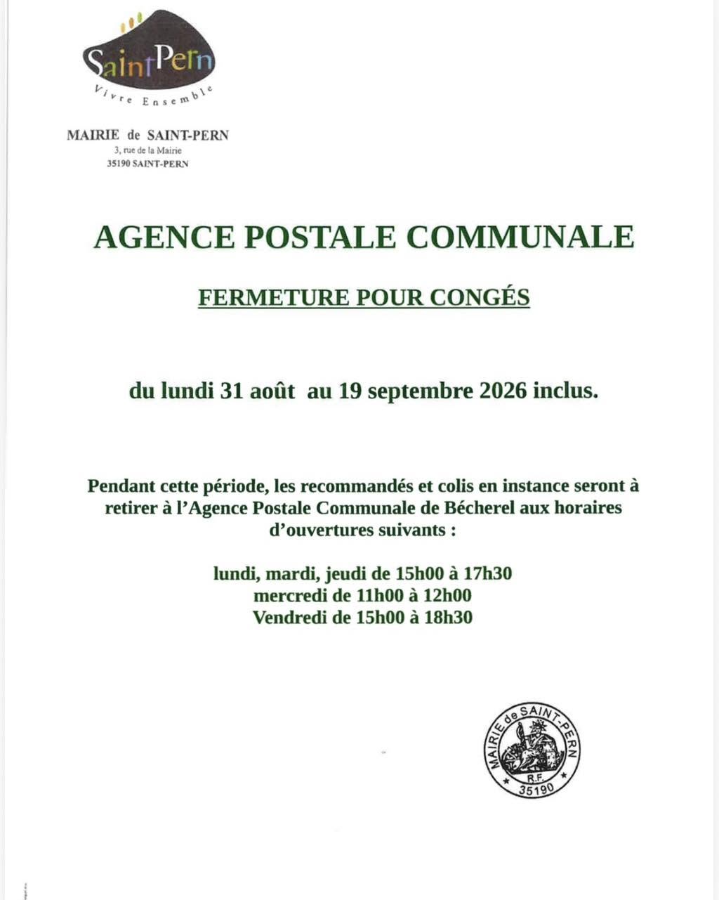 FERMETURE AGENCE POSTALE COMMUNALE